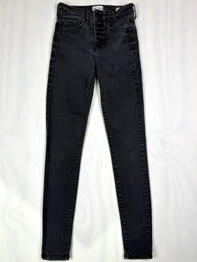 FRAYED Jeans High Rise Skinny Black Gray Wash Button Fly Stretch Size 24